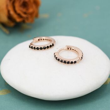 Sterling Silver Minimalist Huggie Hoop Earrings In Sterling Silver With Black Cz Crystals, 4 of 12