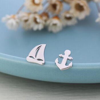 Sterling Silver Mismatched Sailing Boat And Anchor Stud Earrings, 5 of 11