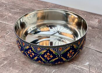 Hand Painted Stainless Steel Navy And Gold Patterned Serving Bowl, 2 of 4