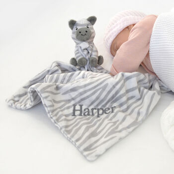 Personalised White Baby Gown And Zebra Comforter Set, 3 of 11