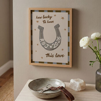 Personalised 'How Lucky' Horseshoe Wedding Art Print, 2 of 12