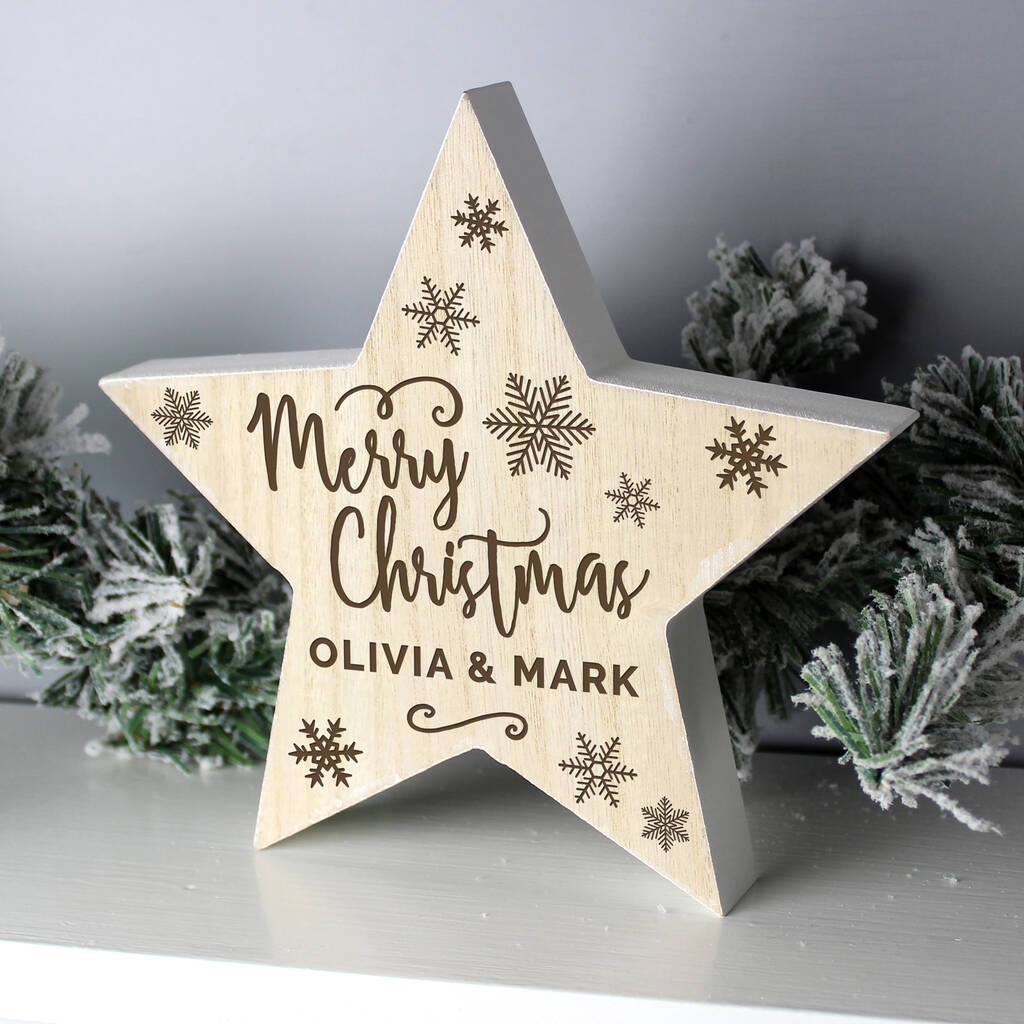 Merry Christmas Personalised Wooden Star Decoration, 1 of 3
