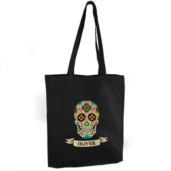 Personalised Sugar Skull Black Cotton Bag, 3 of 3