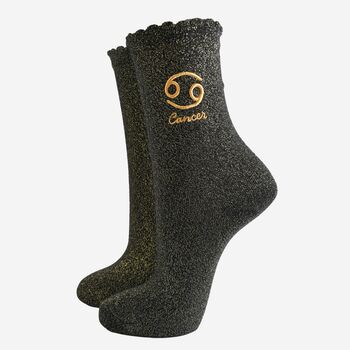 Women's Glitter Socks Black Gold Zodiac Cancer, 2 of 5