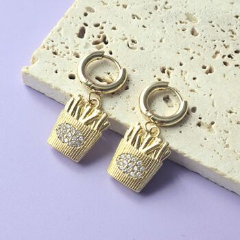 French Fries Huggie Hoop Earrings With Sparkling Cz Detail, 3 of 5
