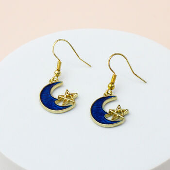Gold And Blue Crescent Moon And Star Dangle Earrings, 3 of 4