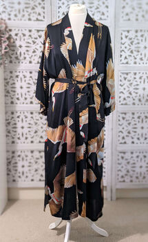 Ladies Luxury Black Bamboo Silk Kimono Robe Crane Bird Noir, 4 of 10