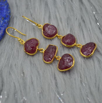 Red Raw Ruby Earrings: Gold Plated Silver, 3 of 4
