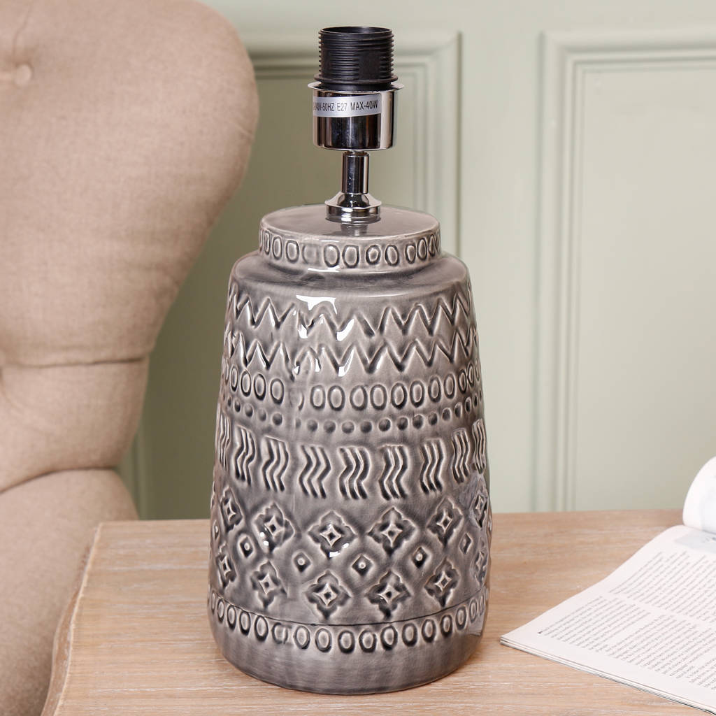Grey Moroccan Ceramic Table Lamp With Beige Linen Shade By Dibor