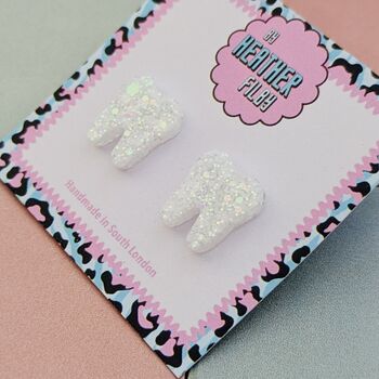 White Tooth Glitter Resin Stud Earrings, 4 of 4