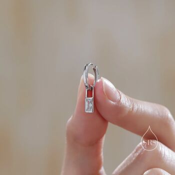 Sterling Silver Baguette Cz Huggie Hoop Earrings, 3 of 12