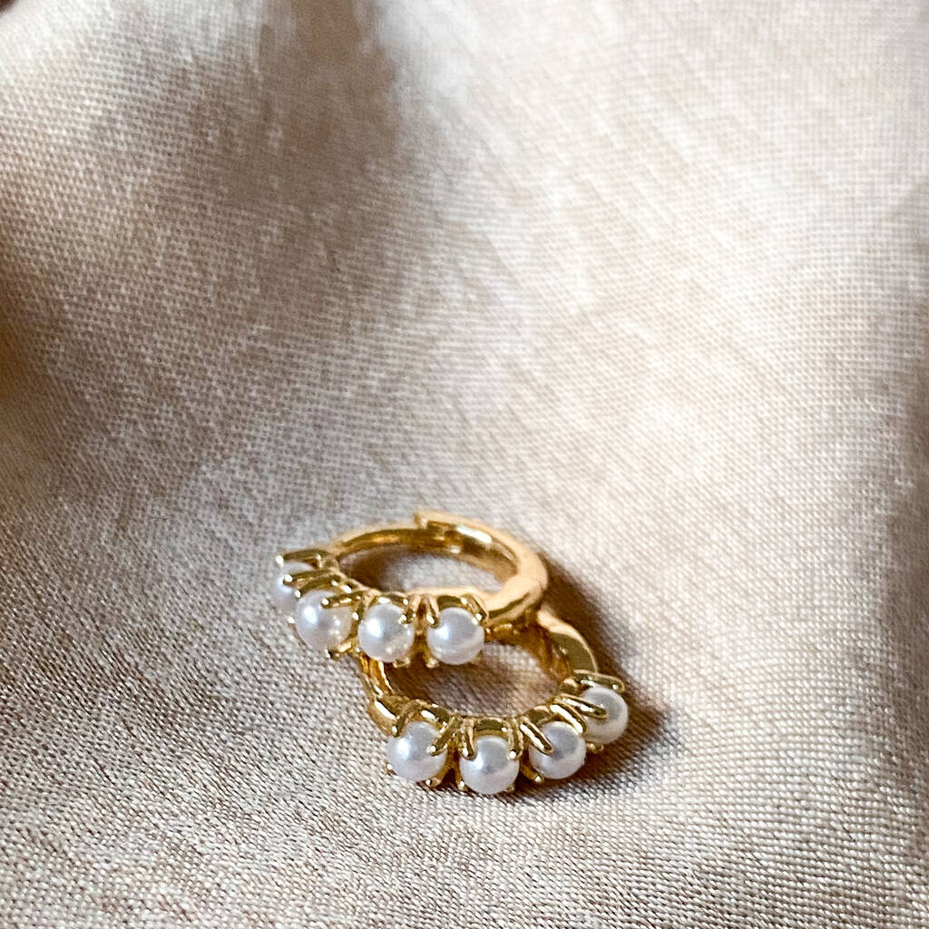 18k Gold Plated Pearl Huggie Hoop Earrings, 1 of 2