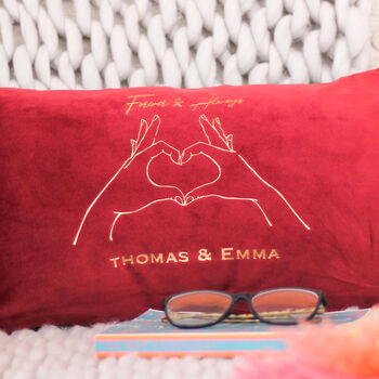 Personalised Heart Hands Couples Names Velvet Cushion, 4 of 5