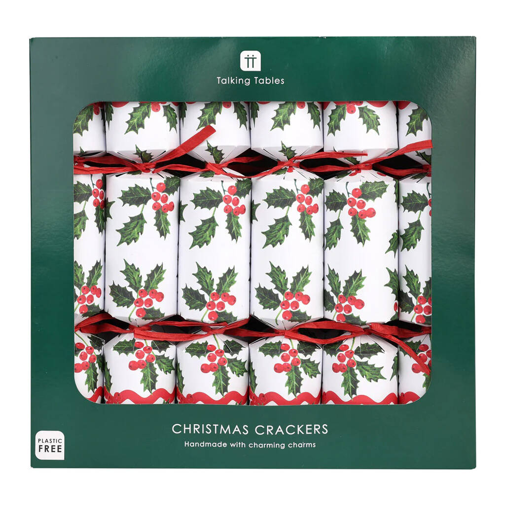 Holly White Christmas Crackers With Glass Charms 12 Pack, 1 of 3