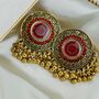 Red Round Disc Mandala Button Stud Earring, thumbnail 2 of 3
