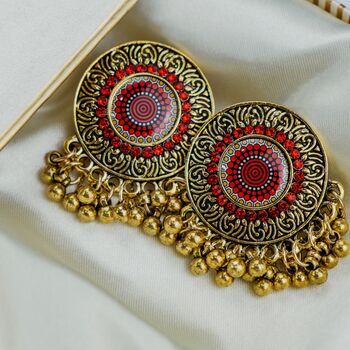 Red Round Disc Mandala Button Stud Earring, 2 of 3