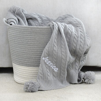 Personalised Cable Knit Pom Pom Blanket Grey, 3 of 8