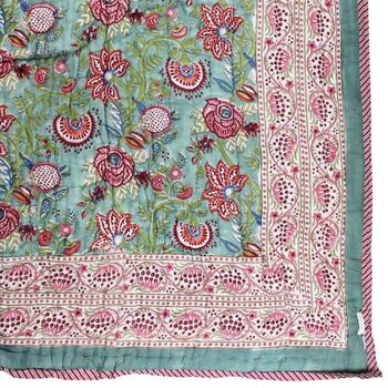 Turquoise, Pink And Burgundy Floral Indian Block Printed Cotton Bed Quilt, 8 of 9