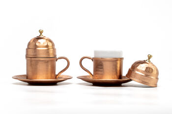 Turkish Copper Coffee Cup Set With Plates And Lids – Handmade Six Piece Gift For Two, 6 of 9