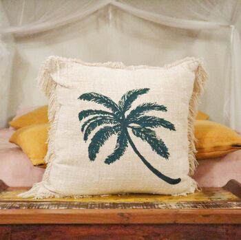 Linen Cushion 60x60cm Palm Tree With Fringe, 5 of 6