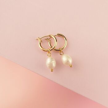 Thin Gold Hoop Earrings With Chunky Real Pearl Charms, 3 of 4