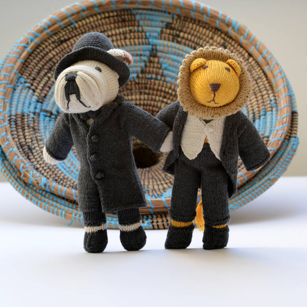 Hand Knitted Bulldog And Lion Soft Toy In Suits, 1 of 3