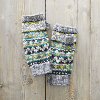 Fair Trade Fair Isle Knit Wool Lined Wristwarmer Gloves, 4 of 12