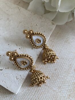 Antique Gold Jhumki Indian Earrings, 3 of 7