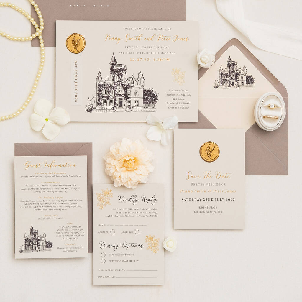 Illustrated Castle Wedding Invitation With Wax Seal, 1 of 9
