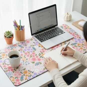 Cute Pink Orange Blue Flowers Desk Mat, 3 of 3