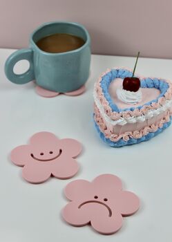 Cute Daisy Coasters Set Of Two With Smiley And Grumpy Faces, 3 of 7