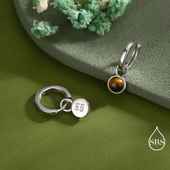 Sterling Silver Dangling Tiger's Eye Hoop Earrings, 5 of 11