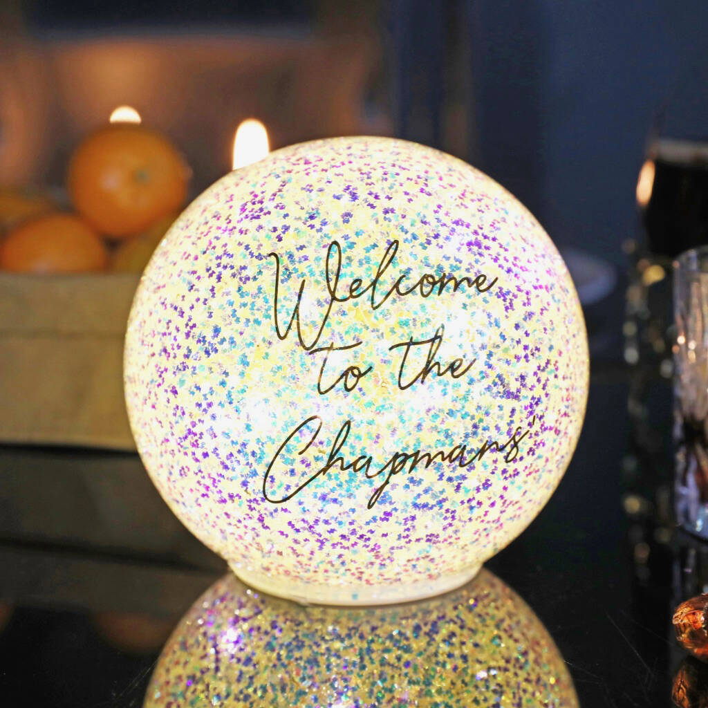 personalised large led iridescent glitter light globe by lisa angel