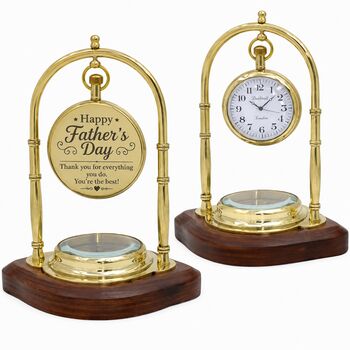 Custom Engraved Brass Desk Clock With Compass – 25th Anniversary And Father's Day Keepsake Gift For Him, 2 of 12