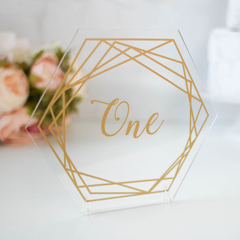 Gold Wedding Table Number On Clear Acrylic Hexagons, 2 of 7