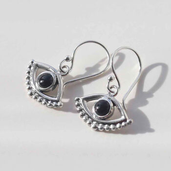 Sterling Silver Gemstone Evil Eye Dangly Earrings, 7 of 10