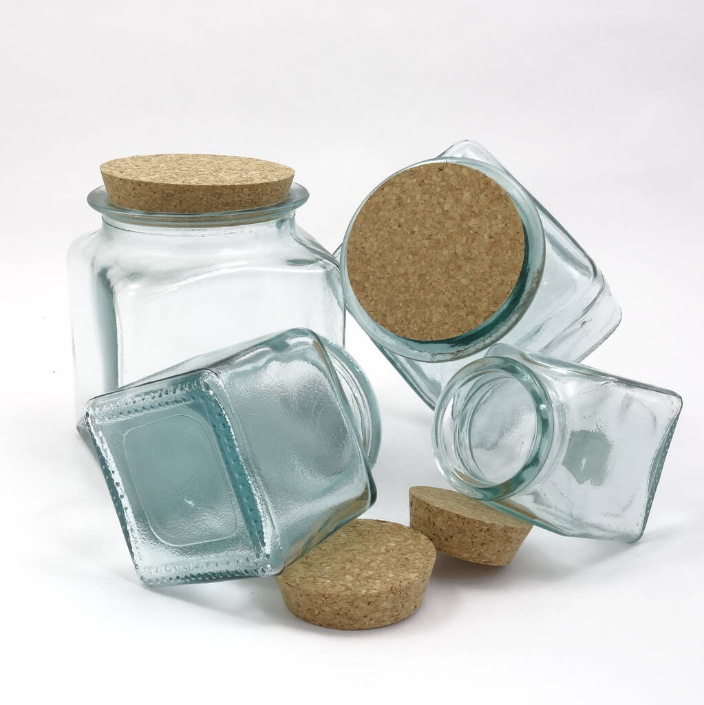Recycled Glass Storage Jars Square + Cork Lids Set By The Recycled
