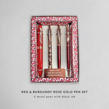 Red And Burgundy Rose Gold Four Piece Pen Gift Set, 9 of 9