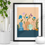 Serene Blue And Natural Clay Vases With Flowers Art Print, thumbnail 1 of 4