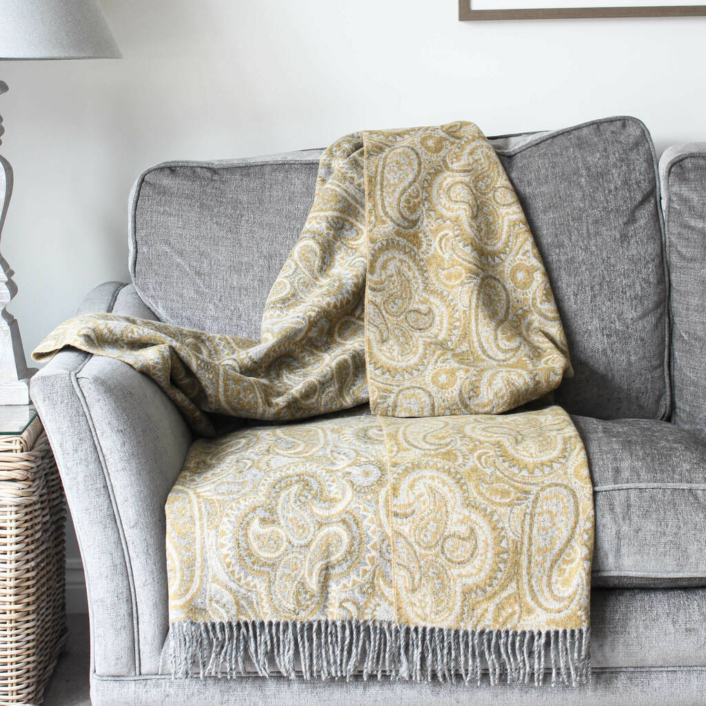 ochre and grey paisley lambswool throw by marquis & dawe