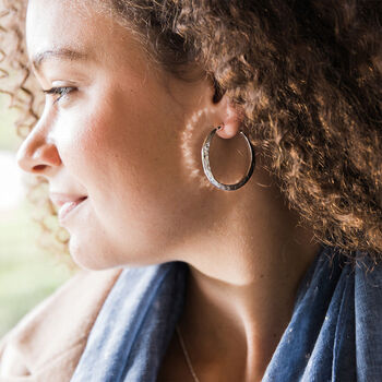 Large Silver Plated Hammered Hoop Earrings, 2 of 7