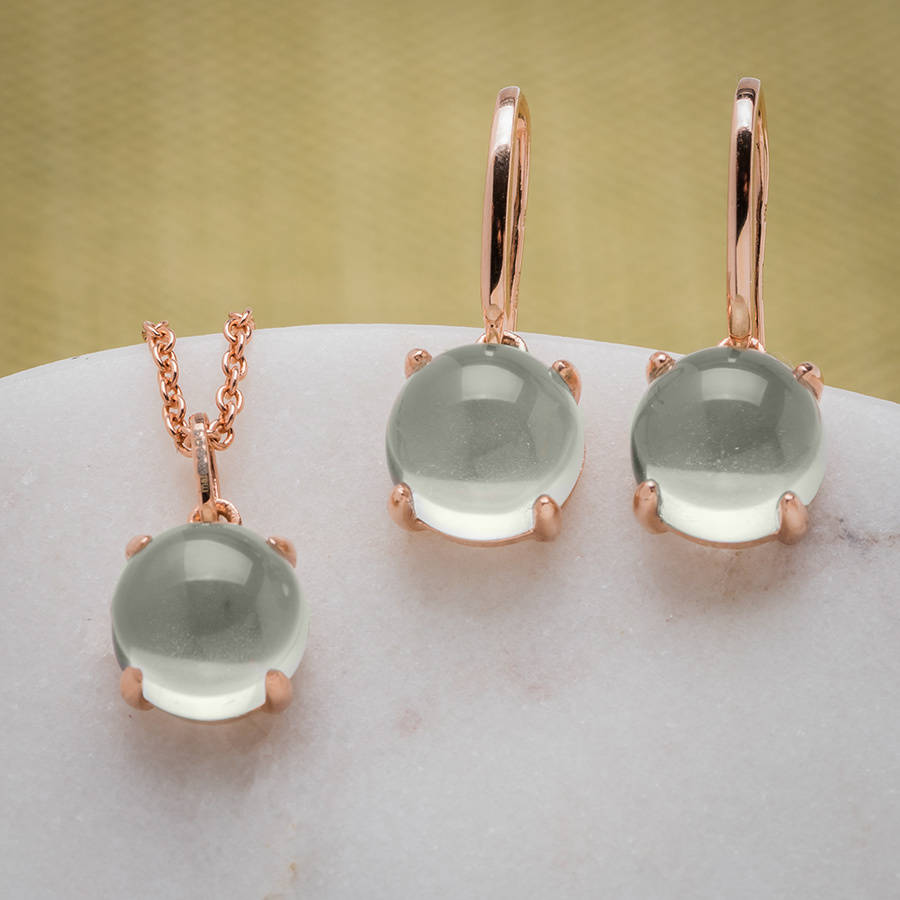 Green Amethyst And 18ct Rose Gold Vermeil Drop Earrings By Mishanto Green Amethyst And Yellow Gold Plated Necklace Earrings
