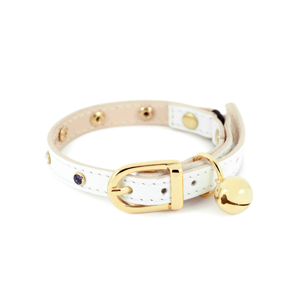 white leather cat collar with multicoloured crystals by linny