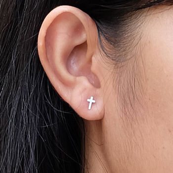 Tiny Sterling Silver Cross Stud Earrings, 2 of 6