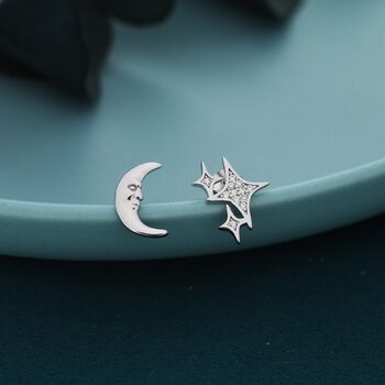 Sterling Silver Moon Face And Stars Stud Earrings, 2 of 6