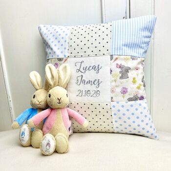 Personalised Blue And Grey Bunny Name Cushion, 4 of 10
