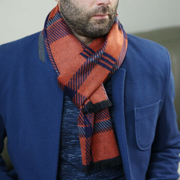 Men's Personalised Bold Orange Blue Check Scarf, 7 of 11