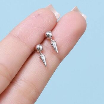 Tiny Dangling Spike Stud Earrings In Sterling Silver, 2 of 11
