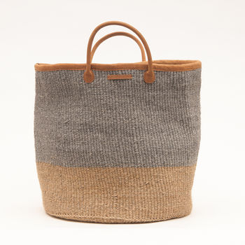 Grey And Natural Colour Block Woven Laundry Basket, 2 of 6
