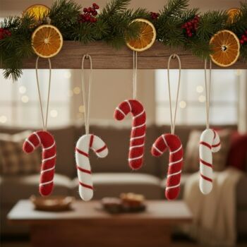 Handmade Felt Candy Cane Set Of Five Decorations, 9 of 11